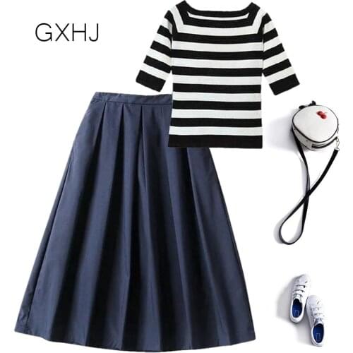 Knit striped top pleated skirt one-shoulder suit skirt 2 Pieces Set Women Autumn Bodycon Pencil Skirts Korean Chic Office LHJ81