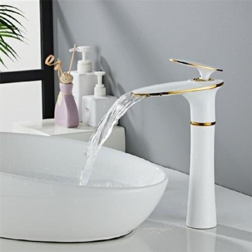 High Quality Tall Bath Sink Faucet Brass Mixer Hot Cold Mixer Basin Tap White and Gold Bathroom Waterfall Basin Faucets D-055