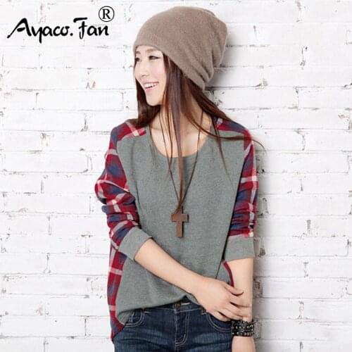 Patchwork Female Shirt 2019 Spring Summer New O-Neck Full Sleeve Plaid T-Shirts Casual Loose Lady Tops Tees Thin Women Clothing