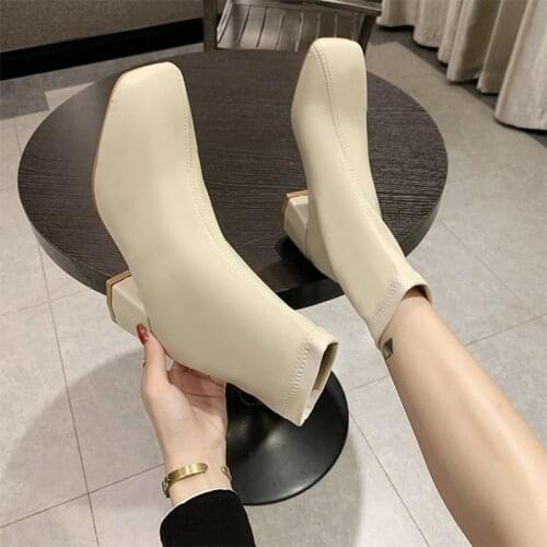 2021 New Winter Womens Boots Square Toe Solid Pu Leather Fashion Ankle shoe Ladies Block Heels Outdoor Party Women high boot