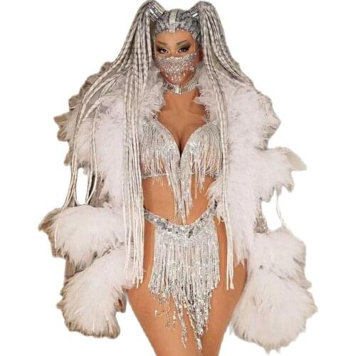 White Feathers Short Coat Sparkling Bikini Set Tassel Sequins Shiny Costume For Women Stage Wear Lady Uniform Costumes