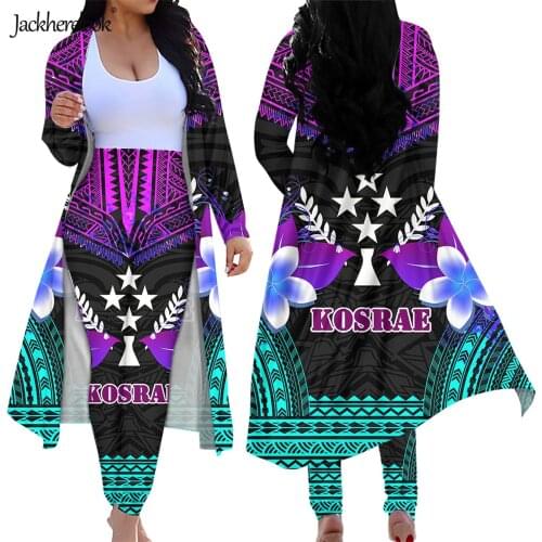 Jackherelook Women 2 Piece Outfits Kosrae Flag Polynesian Tattoo Samoa Floral Print Long Sleeve Open Front Cardigans Skinny Pant