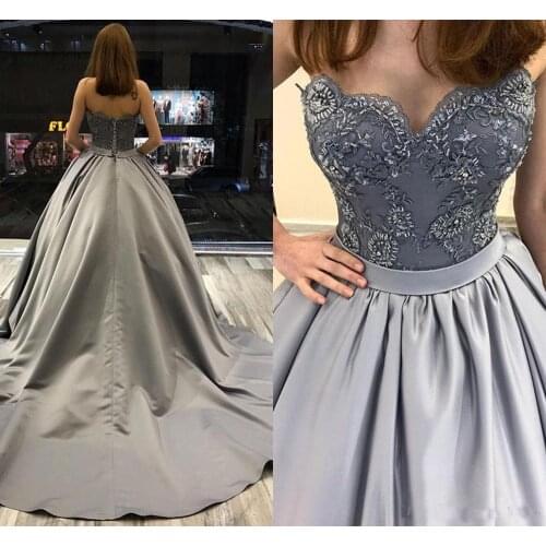 Gray Ball Gown Long Prom Dresses 2020 Sweep Train Formal Evening Party Gowns Applique Lace Vestido de Festa