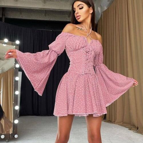 Autumn Vintage Polka Dot Halter Chest Wrapped Short Pleated Mini A-Line Dress Party Women Off Shoulder Halter Long Flare Sleeve