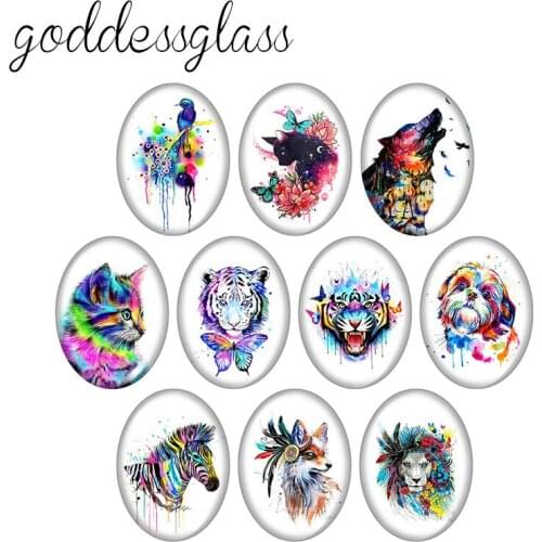 Animals Wolf Tiger Lion Cat Fox Dog 10pcs mixed 13x18mm/18x25mm/30x40mm Oval photo glass cabochon demo flat back Making findings