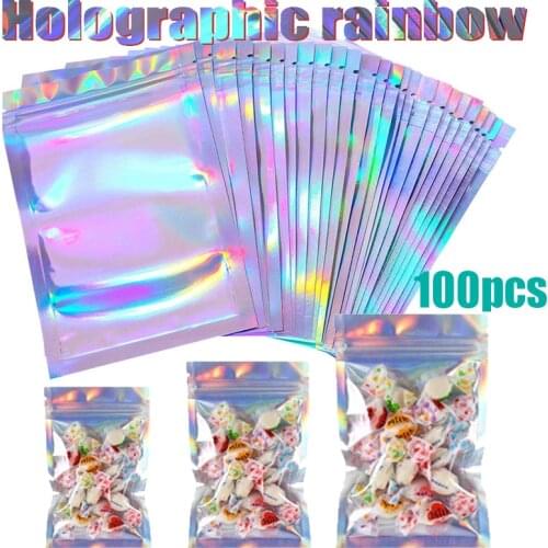 100pcs Flat Zip lock bags Package Bag Holographic Bags Bath Salt Cosmetic Bag Mini Aluminum Foil Bags Makeup Zipper Bag