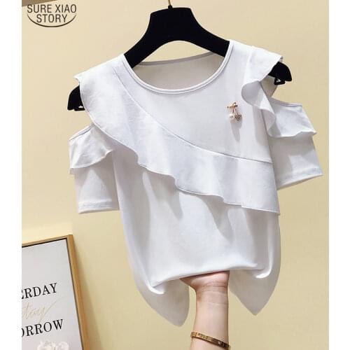 2021 Summer Slim Solid Color Ruffle Shirt Women Clothes Fashion Short Sleeve Off Shoulder Blouse Tops Women Blusas 9117 50
