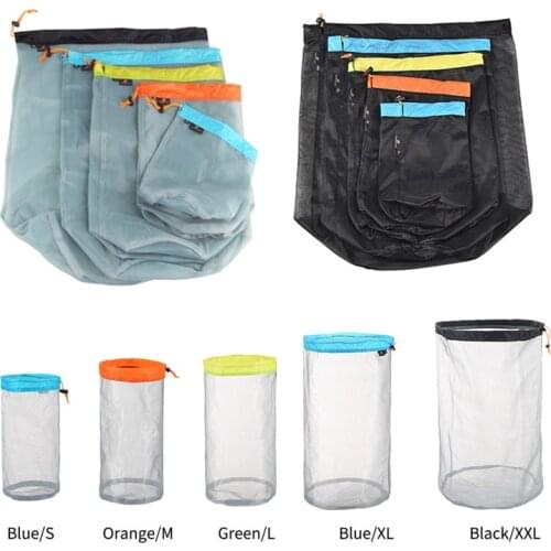 5Pcs/set Camping Sports Mesh Storage Bag Outdoor Stuff Sack Drawstring Storage Bag Ultralight Hiking Travel Organizer Home Sack