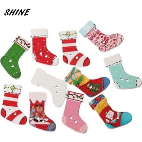 SHINE Wooden Sewing Buttons Scrapbooking Christmas Stocking Mixed Two Holes Pattern 30 x 21mm 12PCs Costura Botones Decorate