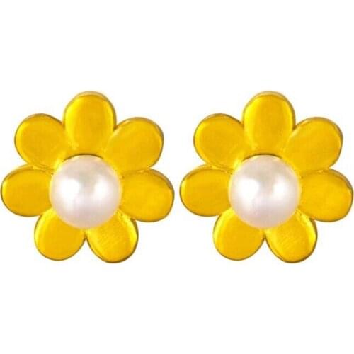 Pure Solid 999 24k Yellow Gold Earring/ Lucky Flower Pearl Earring Stud/ 2.68g