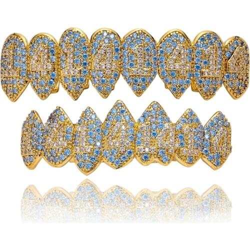 Hip Hop Cubic Zircon Teeth Grillz Top & Bottom Grills Dental Mouth Punk Teeth Caps Cosplay Party Rapper Jewelry