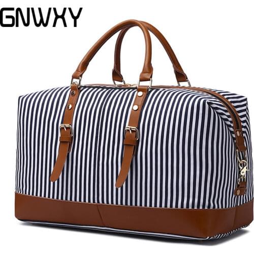 GNWXY Stripe Canvas Leather Men Travel Bags Large Capacity Weekend Handbag Multifunctional Overnight Duffel Bag Shoulder Bags