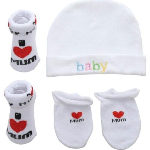 Cotton Newborn Hat Letters Striped Socks Hat And Mitten Set Baby Hats