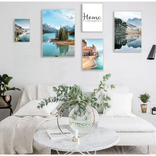 Mountain Lake Reflection Picture Nature Scandinavian Nordic Decoration Coastline Cityscape Print Wall Art Canvas Painting