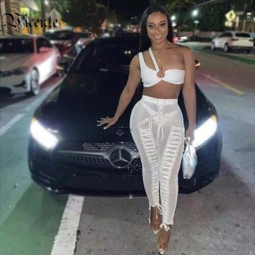 VC Free Shipping 2020 Two Pieces Sets Sexy One Shoulder Key Hole Bandage Top Celebrity Christmas Party Lace-up High Waist Pants