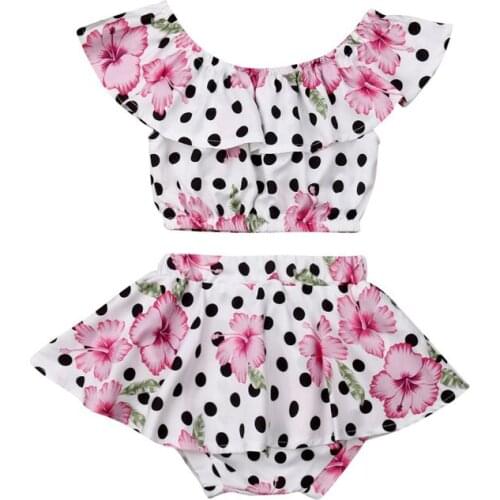 Summer Toddler Baby Girl Ruffles Off Shoulder Flower Tops Crop Top Dots Printed Beach Shorts 2PCS Clothes Set