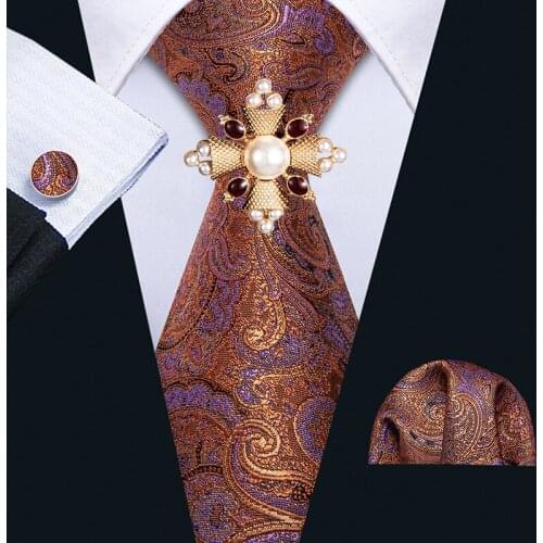 2020 Barry.Wang Men Tie Gold Orange Necktie Brooch Set Silk Woven Paisley Neck Tie Pattern Designer for Party Wedding FA-5161