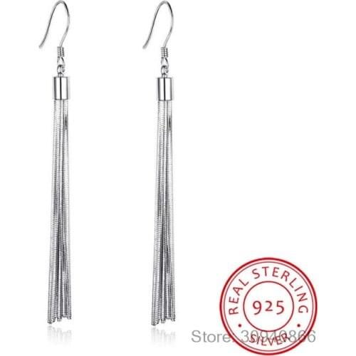 Genuine 925 Sterling Silver Tassel Dangle Earrings Women Metallic Long Earrings Party Jewelry Gift for Friends