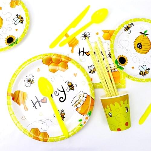Cute Bee Themed Party Cartoon Disposable Tableware Cups Plates Kids Birthday Party Baby Shower Ramadan Decoration Supplies