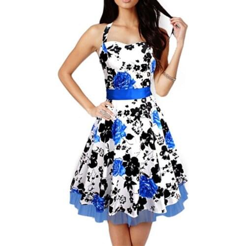 Wholesale Audrey Hepburn vintage Halter Neck big swing floral dress women sexy party cocktail 50s 60s dresses robe vestidos