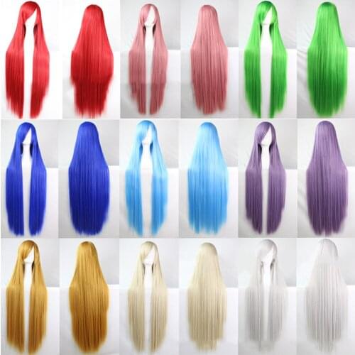 Anime Women Synthetic Cosplay Long Wigs Hair Blue Pink Ombre Wigs Halloween Full Bangs Synthetic Cosplay Costume Straight Wigs