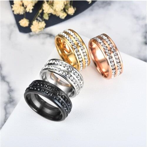 Korean Style Couple CZ Ring 8mm Black/Gold/Silver Color Stainless Steel Engagement Wedding Custom Rings for Women Men Jewelry