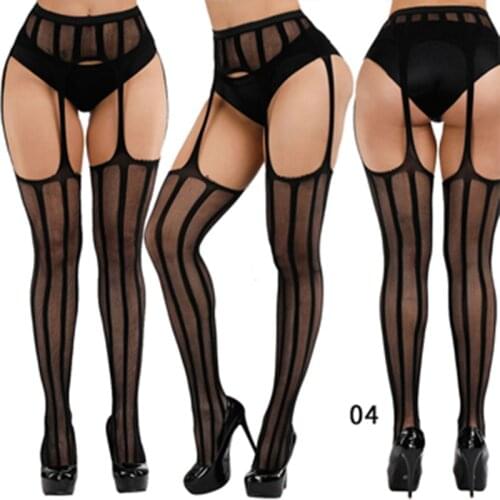 Sexy Solid Striped Elastic High Waist Transparent Stockings Lingerie Garter Fishnet Pantyhose Open Crotch Tights