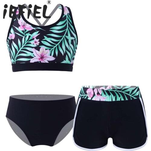 Kids Girls Children Swimwear Swimsuits Beachwear Outfits Crop Tops with Shorts and Briefs Set Beach Rashguard Bathing Suit