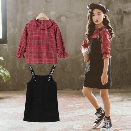 Girls Clothes Suspenders Set Big Girls Fashion Kids Outfit Lattice Blouse+Letter Bib Pants 2pcs Boutique Sets 2019 Fall Clothing