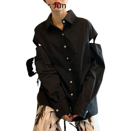 New Street Style Girl Simple Fashion Blouse Hollow Out Long-sleeve Sunscreen Shirt Black White Blue Oversized Casual Loose Top