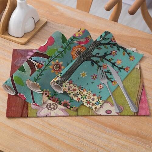Flower printed cotton and linen placemats rectangular Nordic western restaurant placemats wholesale household table mats