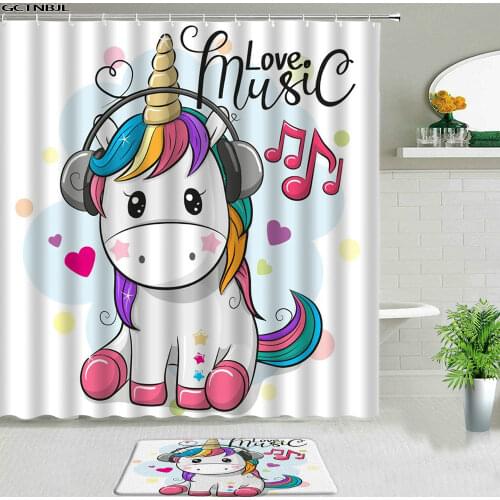 Unicorn Shower Curtains With Bath Mat Set Non-slip Rugs Cartoon Animal Rainbow Butterfly For Childrens Bedroom Bathroom Decor