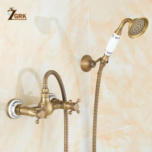 ZGRK Bathtub Faucets Antique Brass Bathroom Faucet Wall Mounted Bath Faucet With Hand Shower Antique Bronze Bath Shower Set