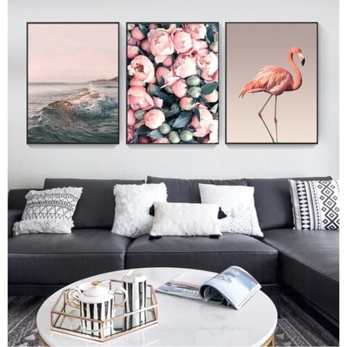 Modern Wall Art Home Decor Nordic Canvas Painting Romantic Flamingo Rose Sea Wave Print Animal Painting