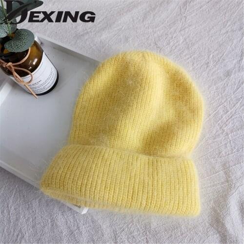 Rabbit Fur warm Winter Hat for Womean fluffy Beanies Angora Soft Hat Knit Bonnet Thick Knitted Skullies Women large hea Cap