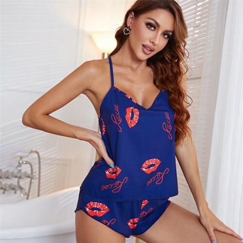 Funny Print Pajama Set Kiss Pattern Sleepwear Suit Sexy Camisole Top & Shorts Soft Loungewear Sleeveless Pyjamas