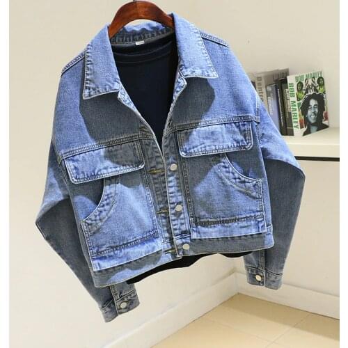 Spring Vintage Washed Blue Denim Jacket Women Loose Harajuku Big Pocket Long sleeve Jeans Jacket Coat Female Student Outerwear