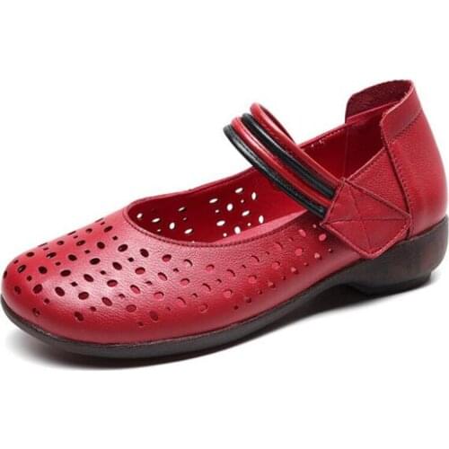 2020 New Summer Hollow Breathable Cool Genuine Leather Shoes Soft Bottom Non-slip Flat Shoes Women Casual Shoes Large Size Shoes