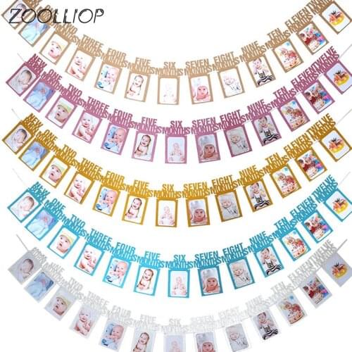12 Months Photo Frame Banner First Happy Birthday Decorations 1st Baby Boy Girl My 1 One Year Party Supplies Celebration DIY
