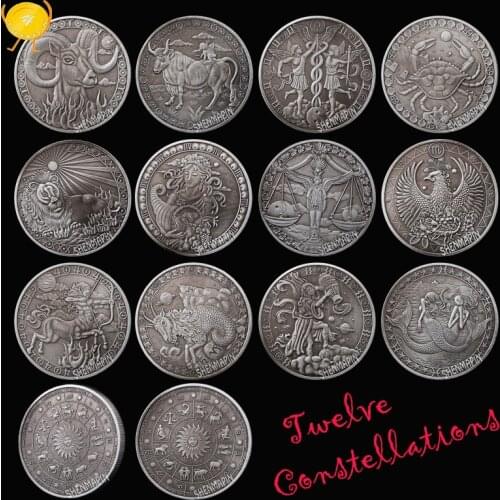 12pcs Twelve Constellations Antique Silver Commemorative Coin Psychology Talent Character Astrology Sun Moon Coins Collectibles