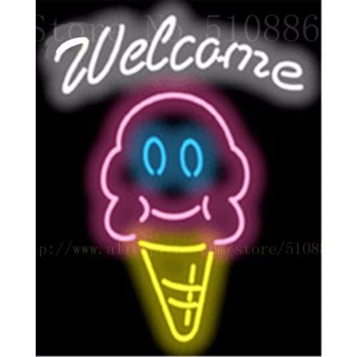 17*14" Ice Cream Cone Face with Welcome NEON SIGN REAL GLASS BEER BAR PUB LIGHT SIGNS display Restaurant Shop Advertising Lights