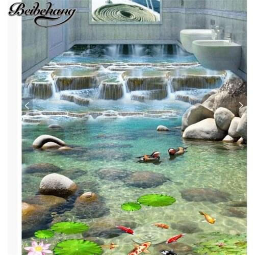 Beibehang Custom home decoration flooring 3d self-adhesive waterfall mandarin duck lotus goldfish 3D painting background mural
