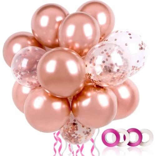 60pcs 12 Inch Rose Gold Balloons Set Clear Confetti Balloons with Ribbon Latex Balloons for Wedding Party Balloon Decorations