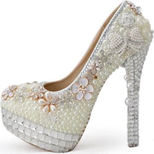 8cm/10cm/12cm/14cm Women Fashion white crystal Wedding shoes Pearl Rhinestone Bridal Shoes white High-heeled Drilling shoe