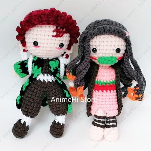 Anime Demon Slayer Kimetsu No Yaiba Kamado Tanjiro Nezuko Hand-knitted Plush Doll Figure Handmade Crochet Pillow Toy for Gift