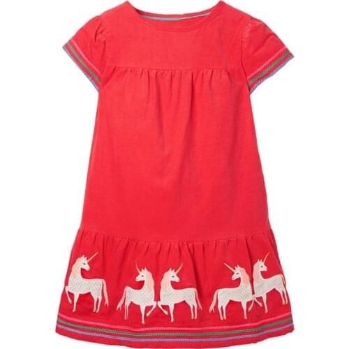 Kids Frocks 2021 New Summer Baby Girls Clothes Brand Dress Toddler Cotton Unicorn Applique Red Animal Dresses for Kids 2-7 Years