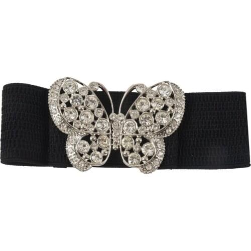 Women Rhinestones Accent Butterfly Hook Buckle Black Elastic Cinch Waist Belt