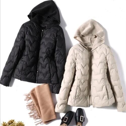 2021 Fashion Women Ultra Light White Duck Down Jacket Ladies Knitted Pachwork Hooded Coat Slim Short Autumn Winter Jakcet Parka