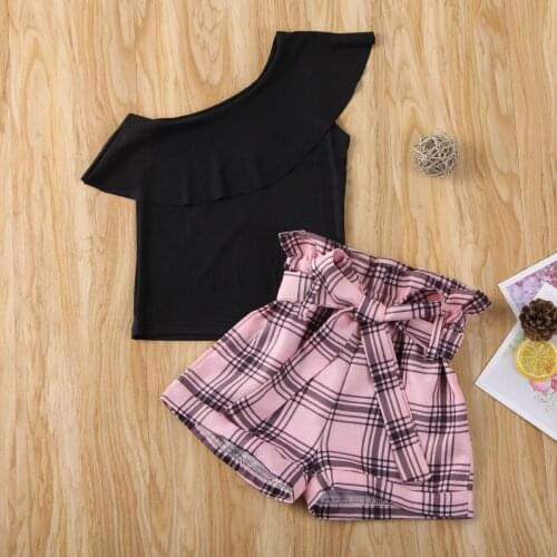 2021 Fashion Children Kids Girls Clothing Set Baby Girls Ruffle One Shoulder T-shirt+High Waist Plaid Shorts 2Pcs Casual Outfits