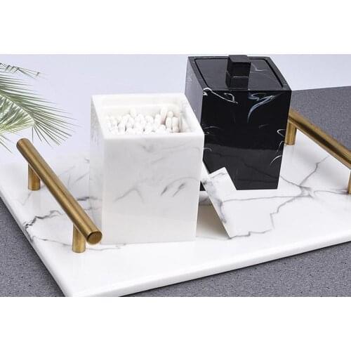 Marble Texture Resin Cotton Swab Lid Storage Box Canister Jar Makeup Pad Holder Marble Texture Dust Proof Cotton Swabs Holder